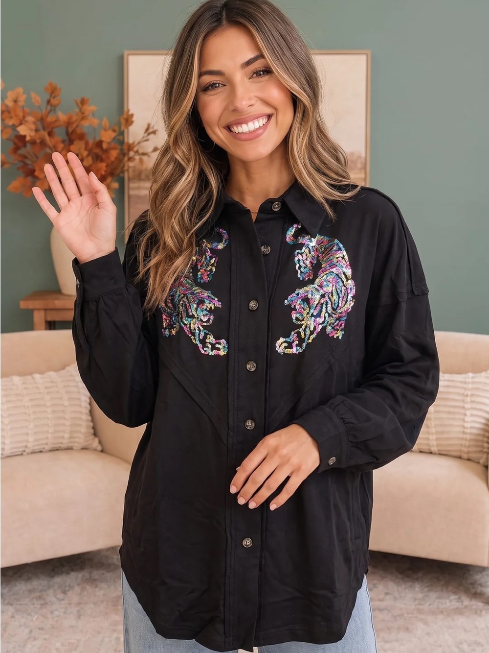 Fantastic Fawn Black Embroidered Button-Down Shirt with Colorful Tiger Motif